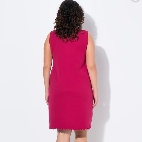 Women’s Ulla Popken Lettuce Edge V-Neck Knit Tank Tunic Dress, Raspberry, 16/18 - Picture 2 of 7